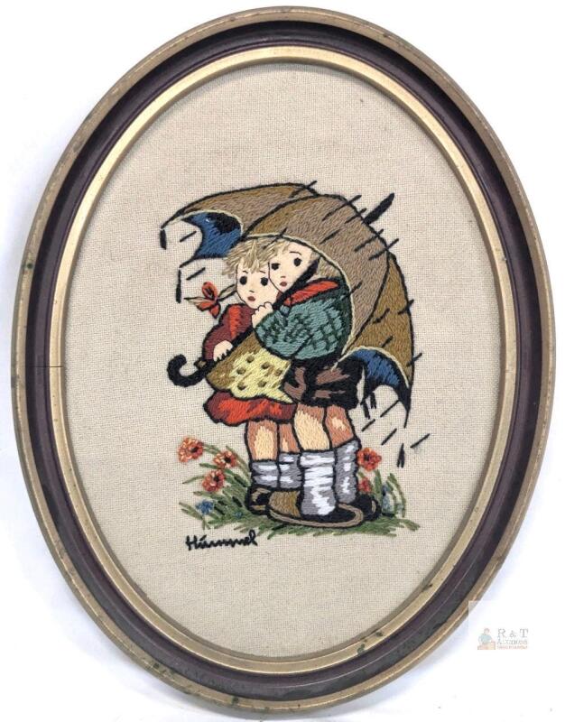 Vintage Paragon Needlecraft Hummel "Children Under Umbrella" Framed Oval Embroidery 13" &times; 10" Style E12