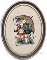 Vintage Paragon Needlecraft Hummel "Children Under Umbrella" Framed Oval Embroidery 13" &times; 10" Style E12