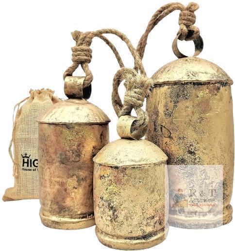 New HIGHBIX Set of 3 Giant Harmony Cow Bells Huge Vintage-Style Rustic Chic Handmade Rustic Lucky Hanging XL Bells On Rope, 5" - 9.5" Tall