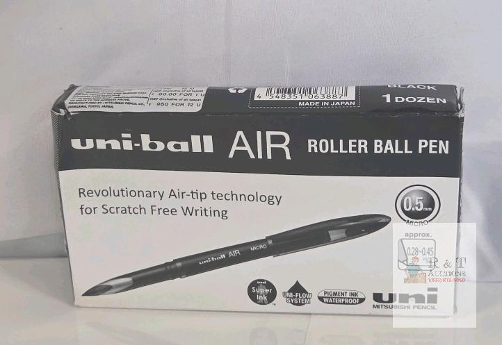 uni-ball AIR Roller Ball Pens 0.5mm Micro Black, Box of 12, Waterproof Super Ink, Japan, Barcode 4938531006388