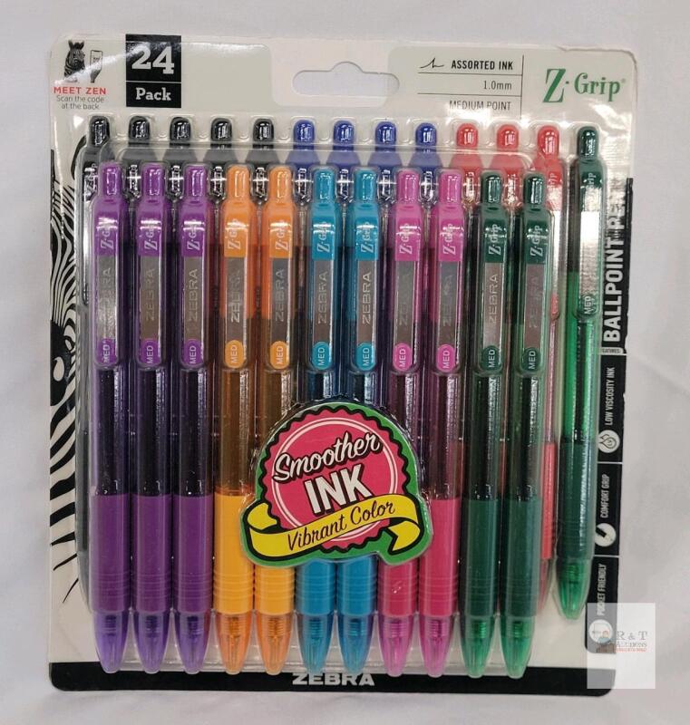 Zebra Z-Grip Retractable Ballpoint Pens, 24-Count, Assorted Colors, 1.0mm Medium, Metal Clip