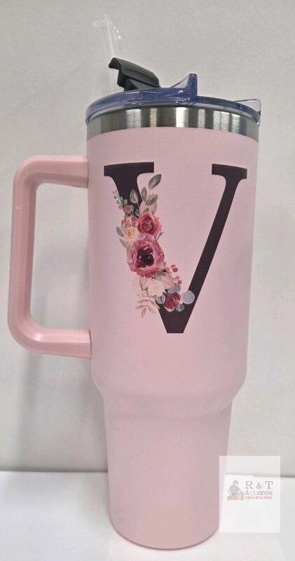 NEW 40 oz Pink Stainless Steel Tumbler with Handle, Flip Lid, Straw, Floral "V" Design, Insulated
