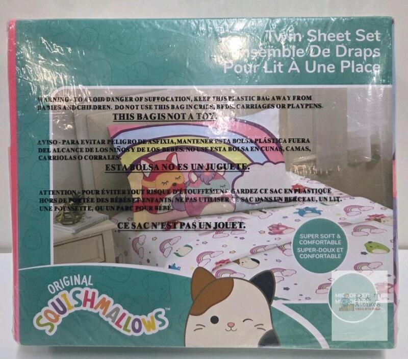 Squishmallows Twin Sheet Set, Microfiber, Multicolor, Cat & Rainbow Print, 3 Pieces, Kellytoy