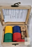 NEW Vwedoit Left Right Center Travel Dice Game &ndash; Wooden Box, 3 Dice, 48 Colored Chips