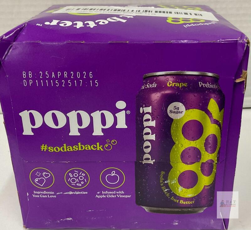 Poppi Grape Prebiotic Soda 4 Pack, 12 fl oz Cans, Exp 04/2026, Low Sugar, Prebiotic, ACV Infused
