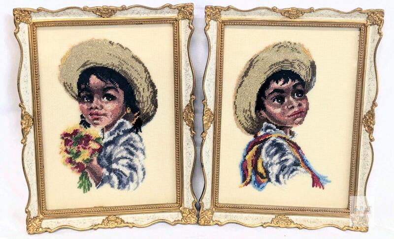 Vintage Hand-Stitched Needlepoint Art Pair &mdash; Boy & Girl with Straw Hats, Ornate Frames, 8.5X6.5"