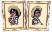 Vintage Hand-Stitched Needlepoint Art Pair &mdash; Boy & Girl with Straw Hats, Ornate Frames, 8.5X6.5"
