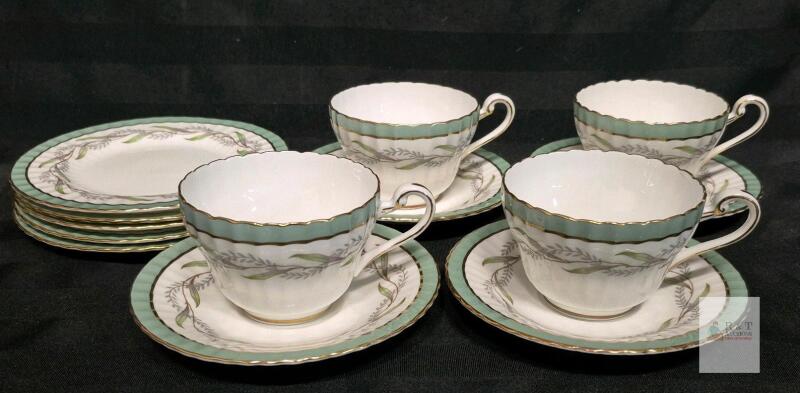 Paragon Athens Fine Bone China Tea Set, England, Green Gold Scalloped, c. 1950s-60s