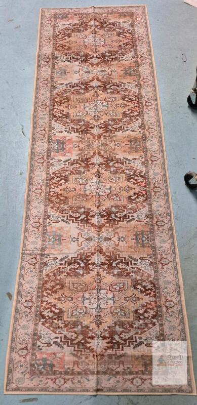 Geometric Medallion Runner Rug, 96X30", Brown, Beige, Pink, Machine-made, Distressed Look
