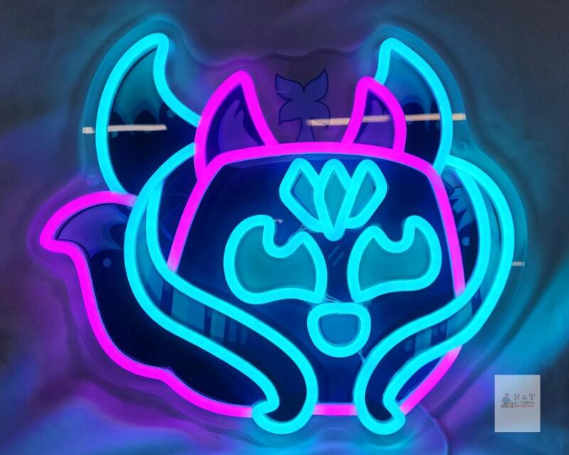 Neon LED Wall Sign 12" Anime Animal Face USB, Blue Pink, Acrylic Back, Retail Box Included