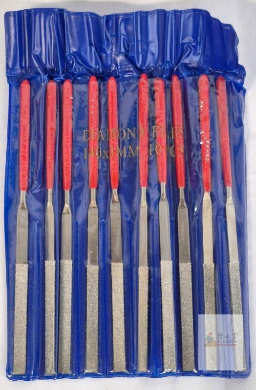 10-Piece Diamond Needle File Set, 140mm x 3mm, Assorted Shapes, Red Handles, Blue Case