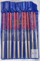 10-Piece Diamond Needle File Set, 140mm x 3mm, Assorted Shapes, Red Handles, Blue Case