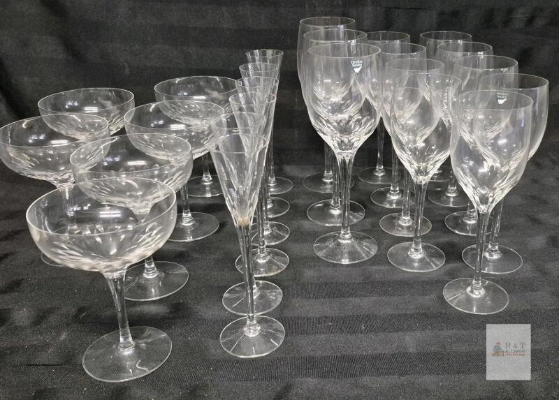 Orrefors Sweden Crystal Stemware Set, 24 Piece, Wine, Champagne & Coupe Glasses, 1990s Cut Pattern
