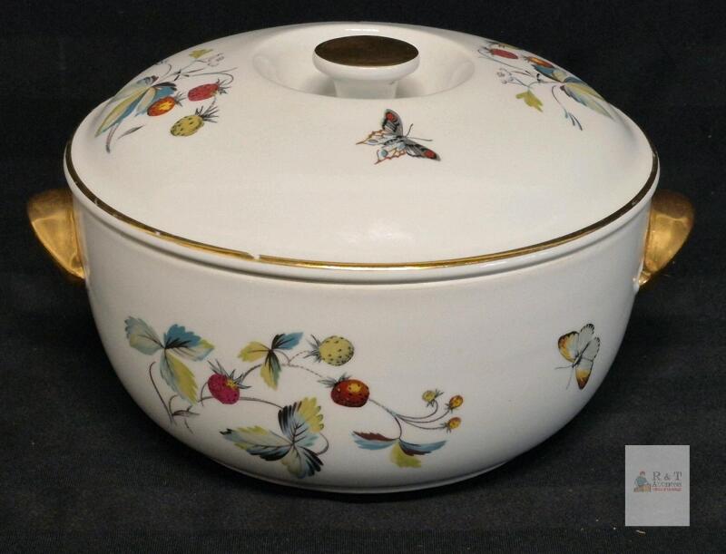 Royal Worcester Strawberry Fair Covered Serving Dish, 10.25" Gold Handles, England, Porcelain