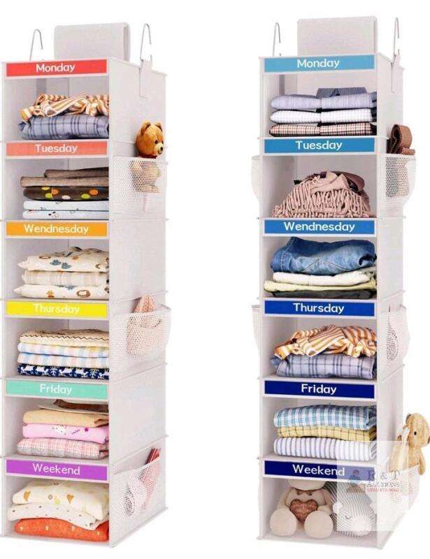 New - Fixwal 2 Pack 6-Shelf Weekly Hanging Closet Organizer for Kids, Kids Daily Clothes Organizers with 6 Side Pockets, Days of The Week Hanging Storage Shelves (White)