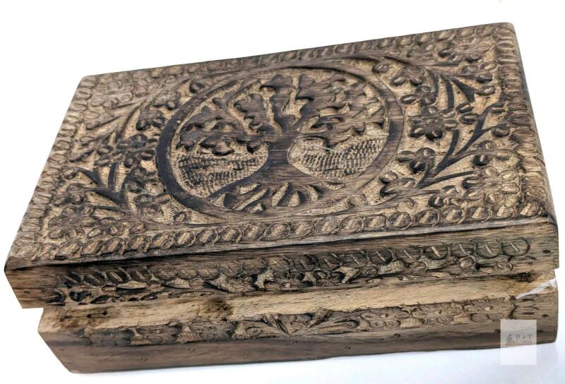 New Handcrafted Mango Wood Trinket Box With Tree of Life Design, 8" &times; 5" &times; 2.25"