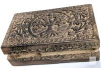 New Handcrafted Mango Wood Trinket Box With Tree of Life Design, 8" &times; 5" &times; 2.25"