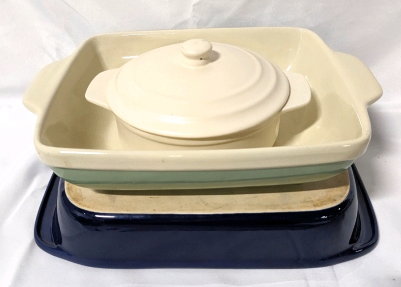 2 Large Rectangular Casserole Dishes & 1 Medium Sized Round Casserole Dish with Lid.