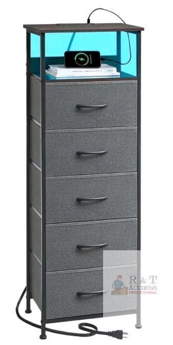 New - Black Metal 5-Drawer Nightstand with Charging Station & Fabric Drawers . Some Assembly Required