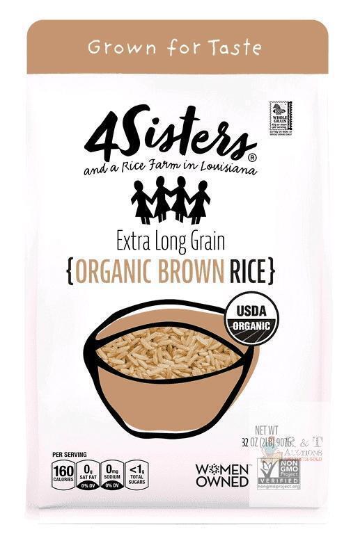 4Sisters Extra Long Grain Organic Brown Rice, 2 lb (32 oz), USDA Organic, Non-GMO, UPC 81620202105