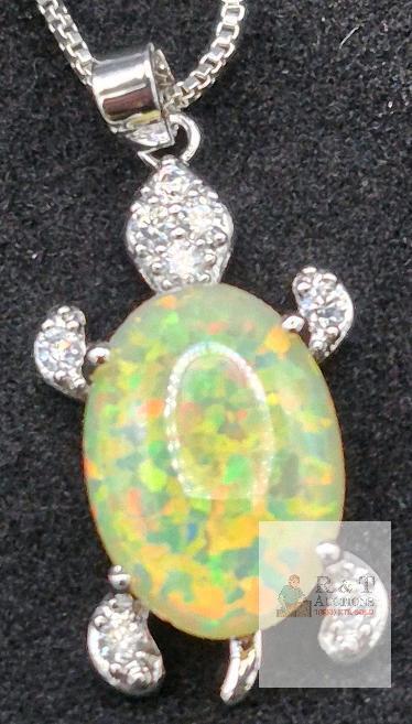 Sterling Silver Turtle Pendant Necklace with Oval Lab Opal & Box Chain, Multicolor CZ Accents
