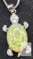 Sterling Silver Turtle Pendant Necklace with Oval Lab Opal & Box Chain, Multicolor CZ Accents