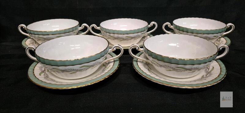 Paragon Victoriana Double Handled Bone China Soup Bowl & Saucer Set, England, Leaf Garland, 10 Pc