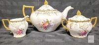 Royal Crown Derby Vine Bone China Teapot, Creamer & Sugar c.1950, Reg. No. 839130, Gold Trim Crack in Teapot spout