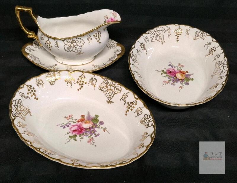 Royal Crown Derby Vine Bone China Serving Set, Gold Gilt, Bowls & Gravy Boat, England, Reg. 839130