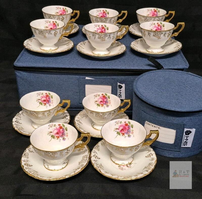 Royal Crown Derby Vine Bone China Tea Cups & Saucers Set of 8, Gold Trim, England, REG No. 839130 some cups do not ring true- no obvious chips or cracks