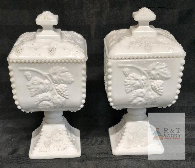 Westmoreland Paneled Grape Milk Glass Compotes, 9.5", Lidded, Pair, Pattern 328, USA