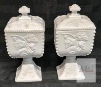 Westmoreland Paneled Grape Milk Glass Compotes, 9.5", Lidded, Pair, Pattern 328, USA