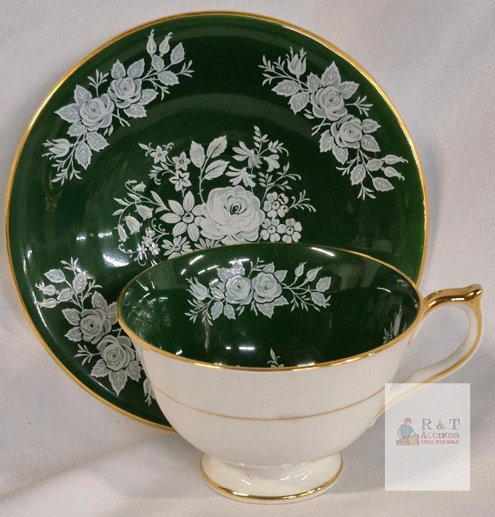 Aynsley Fine English Bone China Tea Cup & Saucer Green White Floral Gold Trim England