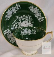 Aynsley Fine English Bone China Tea Cup & Saucer Green White Floral Gold Trim England