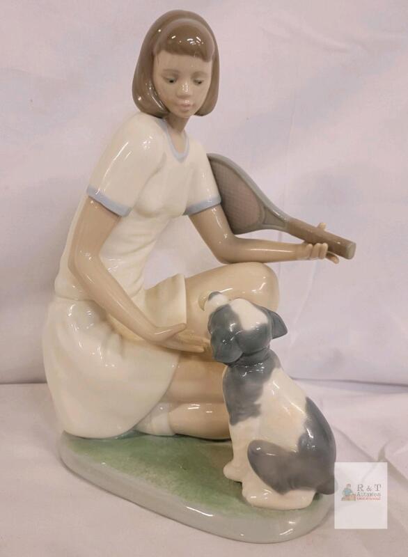NAO by Lladro Porcelain Figurine #134 "Playful Puppy" Girl With Dog & Tennis Racket, 7.5"