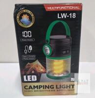NEW LW-18 Multifunctional LED Camping Lantern with Solar and USB Charging, 2000 mAh Battery, 88-Hour Runtime