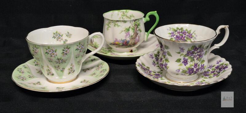 Royal Albert Bone China Tea Cups & Saucers, Greenwood Tree, Sweet Violets, Apple Blossom, Set of 3