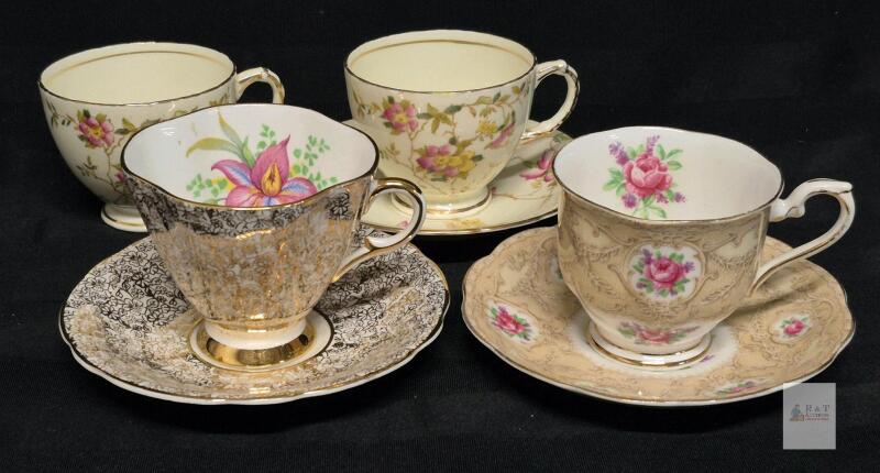 Vintage Windsor & Rosina English Bone China Teacup & Saucer Sets, Floral, Gold Trim, Lot of 4