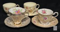 Vintage Windsor & Rosina English Bone China Teacup & Saucer Sets, Floral, Gold Trim, Lot of 4
