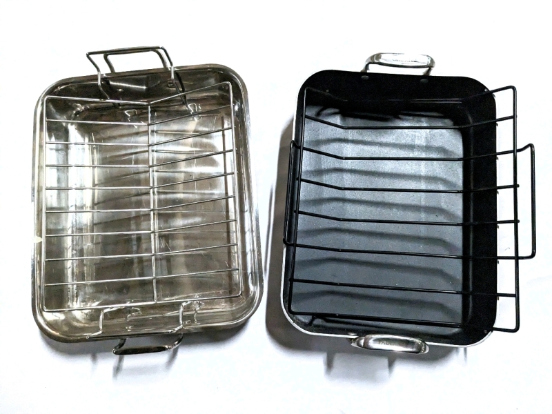 2 Large Roasting Pans with Racks + Bin