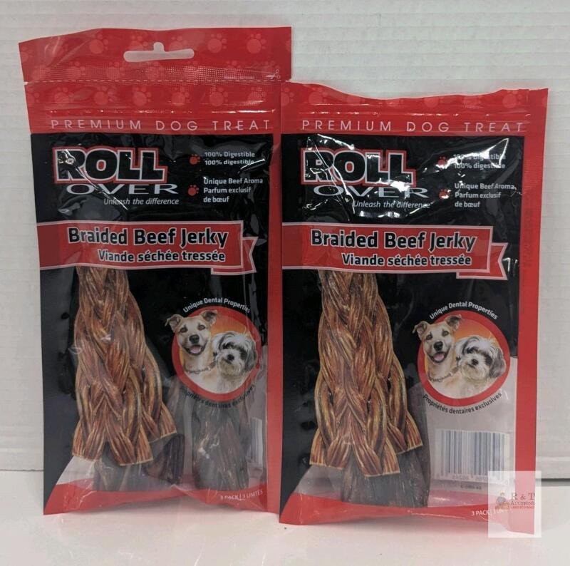 OPEN* 2/3 FULL Rollover Braided Beef Jerky Dog Treats, 2 Packs, 3 Units Each, 100% Natural, Beef, 2028 Expiry