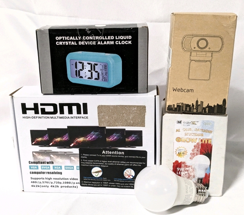 4 New Open Box Electronics: Optically Controlled Alarm Clock. HDMI Multimedia Interface Extenders, Webcam with tripod & 100W Grow Lightbulb.