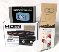 4 New Open Box Electronics: Optically Controlled Alarm Clock. HDMI Multimedia Interface Extenders, Webcam with tripod & 100W Grow Lightbulb.