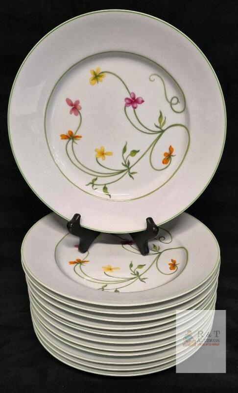 Denby Duchess Fine China Dinner Plates , Portugal, 10.75" Floral Green Rim Pattern
