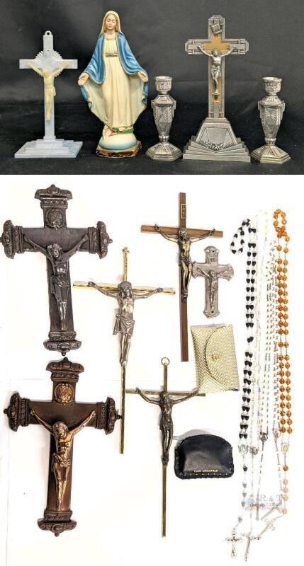 Vintage Crucifixes, Rosaries & Italian Unbreakable Statue of the Virgin Mary