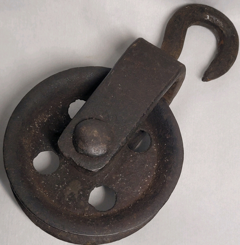 Vintage Industrial Cast Iron Hook & Pulley , 4.5" diameter pulley