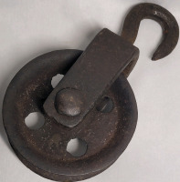 Vintage Industrial Cast Iron Hook & Pulley , 4.5" diameter pulley