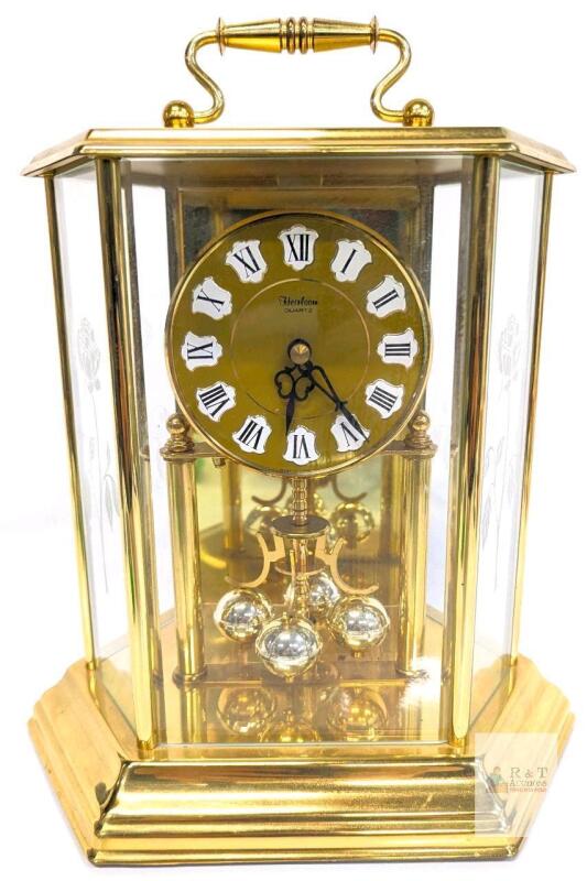 Vintage German Heirloom Quartz Anniversary Clock, Etched Roses on Side Panels, 10" Tall At Handle, Working