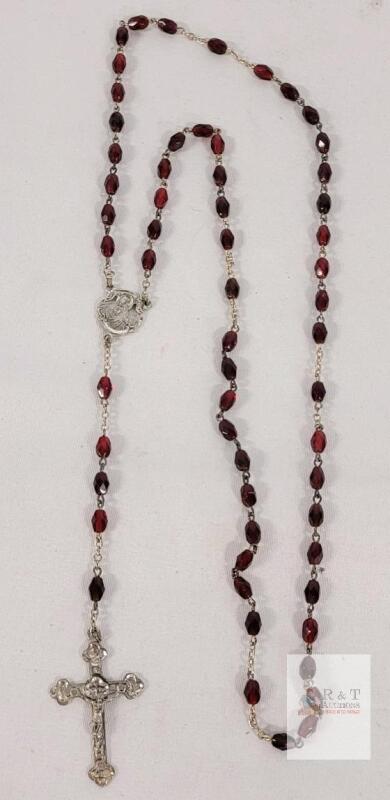 Vintage Sterling Silver Catholic Rosary w/Burgundy Beads