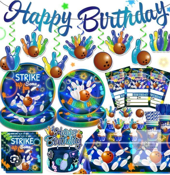 Bowling Party Decorations Set for 25, Plates, Cups, Banner, Tablecovers, Toppers,